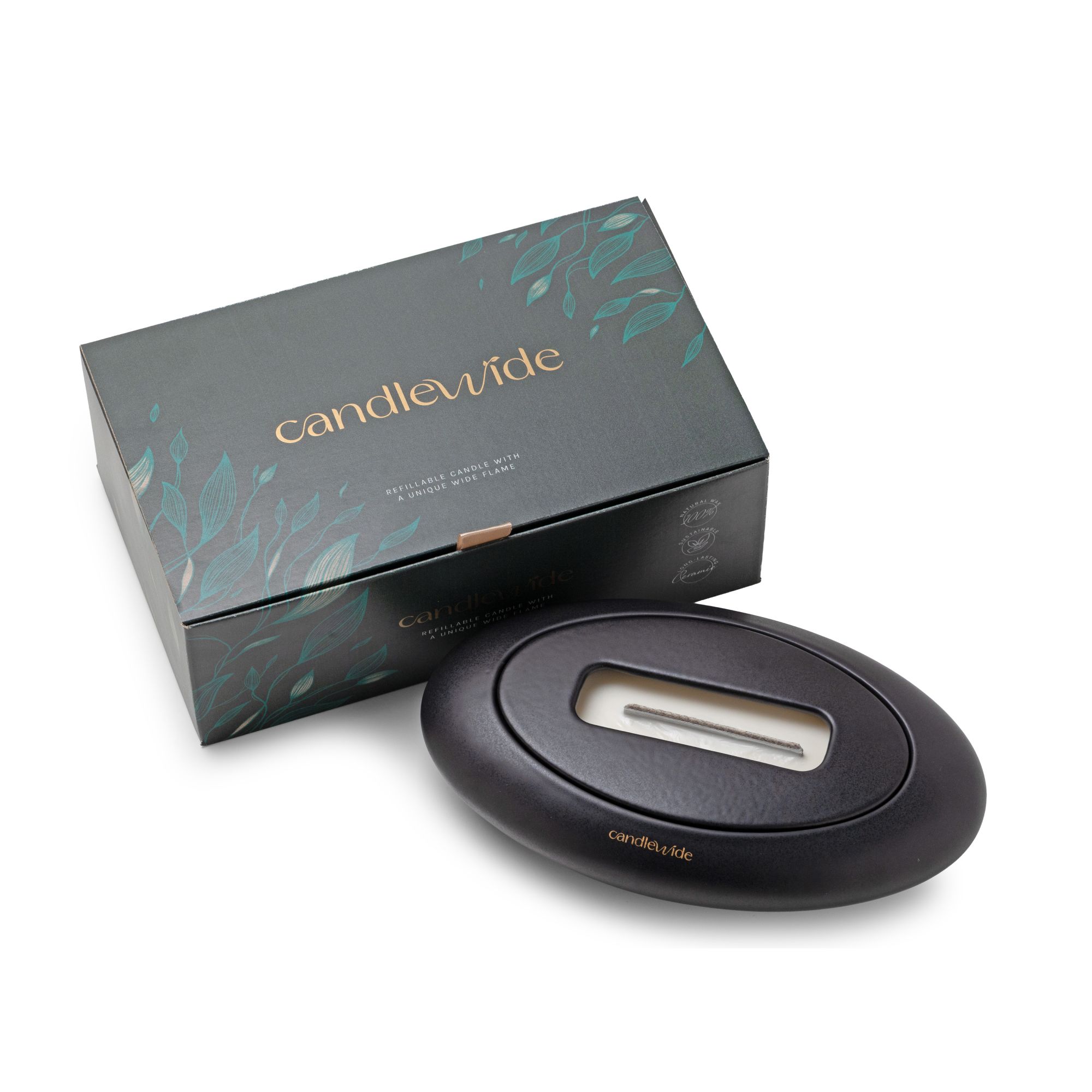Candlewide Onyx Black refillable ceramic candle presented with its premium gift box